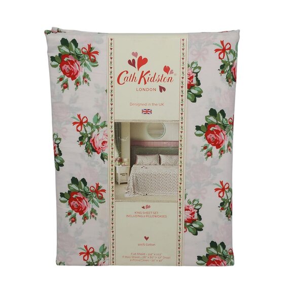 Cath Kidston Rose & Bow Pink King Sheet Set 100% Cotton Percale 2 Pillowcases - Picture 7 of 7